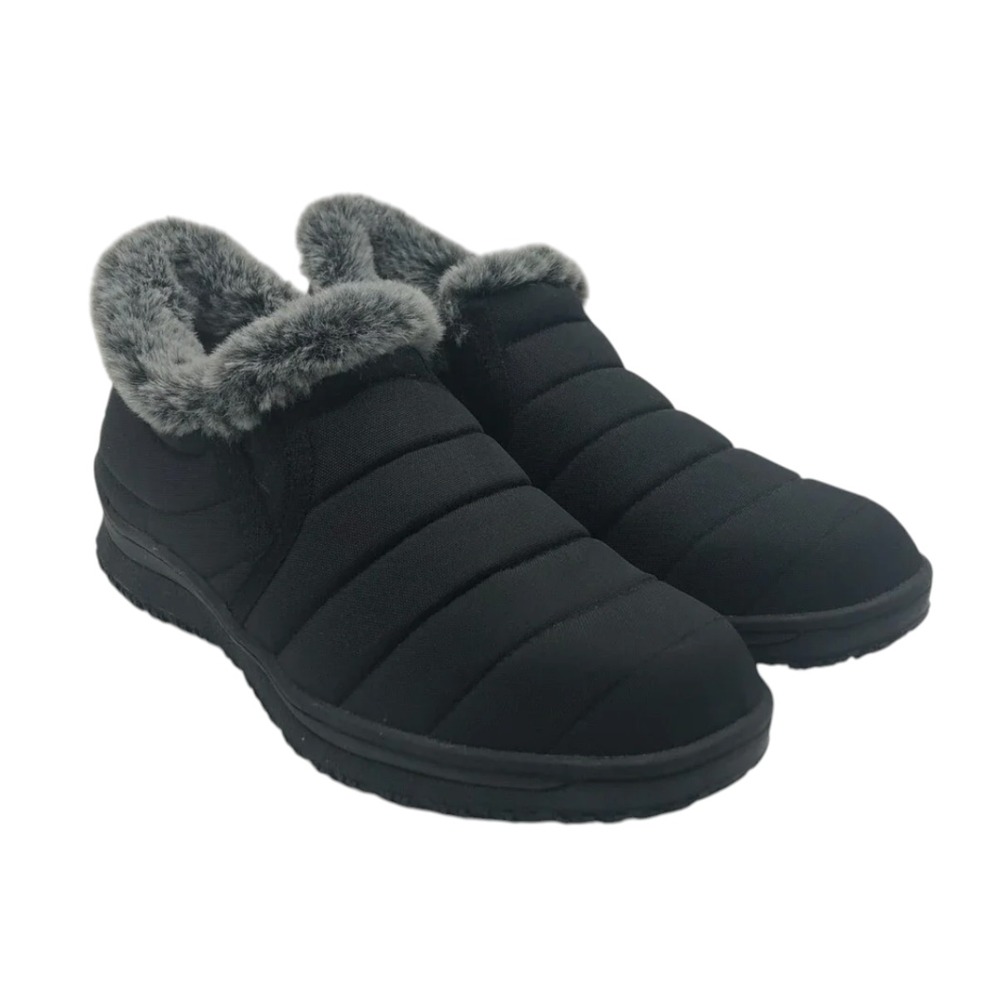 MINNETONKA Timpson Tulsa BLACK SLIP ON SHOES Booties Gray Faux Fur Lined SIZE 7